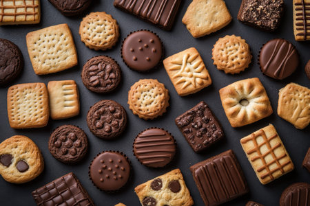 A wooden platter displays stacks of chocolate-coated cookies, invitingly arranged among various baked treats like biscuits and cakes in a warm, cozy environment perfect for indulging in sweet delights.の素材