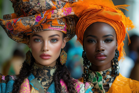 Two models stand side by side, showcasing striking outfits adorned with intricate patterns and vibrant colors. Their hairstyles complement the elaborate headpieces, creating a stunning visual display.の素材