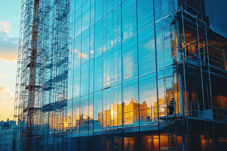 Workers are engaged in constructing a glass facade on a modern building, with scaffolding surrounding the structure. The sun sets in the background, casting beautiful reflections on the glass surfaces.の素材