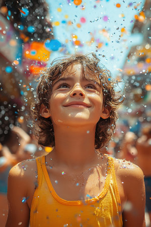 A young child wearing a yellow tank top stands in a lively street, gazing upwards with a beaming smile as colorful confetti falls around them. The atmosphere is festive, filled with laughter and joy during a summer celebration.の素材