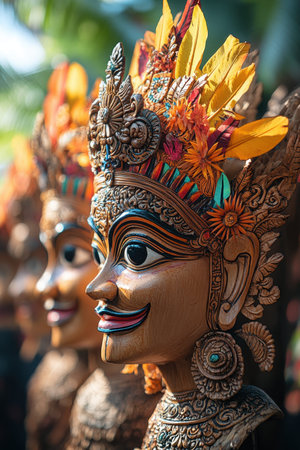 Colorful Balinese puppets stand in a line, showcasing intricate carvings and detailed designs. These puppets are enhanced with bright feathers and flowers, reflecting the rich culture during a festival celebration in Bali.の素材