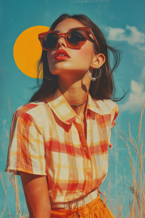 A young woman stands confidently, wearing a plaid shirt and stylish sunglasses. The bright sun is setting behind her, casting a warm glow on her features. The clear blue sky and tall grass create a striking contrast, embodying a carefree summer vibe.の素材