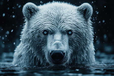A striking polar bear surfaces in cold, dark waters, surrounded by falling snowflakes. Its thick white fur glistens as it gazes intently, embodying the raw beauty and power of Arctic wildlife in twilight.の素材