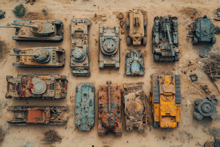 An aerial view captures a desolate area filled with discarded military vehicles. At the center stands a striking yellow tank, surrounded by various rusting armored vehicles, showcasing the remnants of past conflicts under a clear sky.の素材