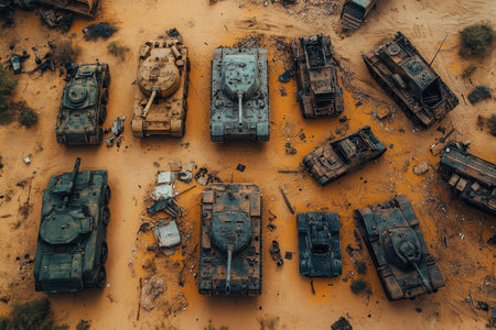 Abandoned military vehicles lie scattered across a dusty terrain, showcasing various states of decay and rust. The collection includes several tanks and old trucks, surrounded by debris and sparse vegetation.の素材