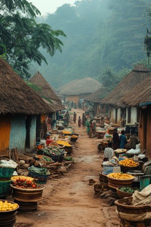 A lively outdoor market features stalls brimming with colorful fruits and vegetables. Local vendors interact with customers amidst palm trees, showcasing the community's agricultural abundance in a serene village atmosphere.の素材