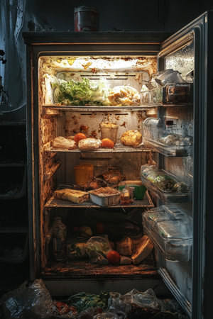 Open refrigerator door reveals an unkempt interior, showing rust, stains, and old milk container. The dim light highlights accumulated grime, conveying a sense of neglect in an unsettling environment.の素材
