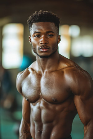 A dedicated athlete stands confidently in a fitness center, displaying his well-defined muscles. The sun filters through expansive windows, highlighting his toned body as he focuses on his training routine and personal fitness goals.の素材