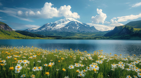 Snow-capped mountains tower over a tranquil lake, reflecting the azure sky filled with fluffy clouds. In the foreground, colorful wildflowers bloom, adding vibrancy to the peaceful natural setting in spring.の素材