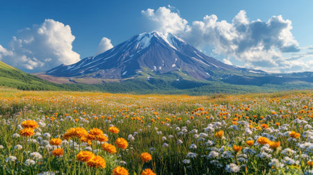 A breathtaking landscape features a majestic snow-capped mountain rising in the background, adorned by vibrant wildflowers in shades of orange and white. Fluffy clouds drift in a clear blue sky, creating a serene atmosphere.の素材