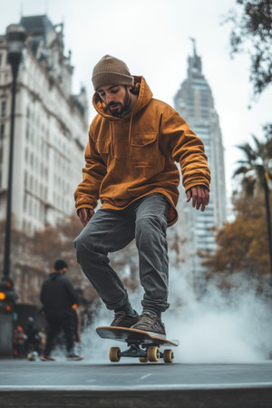 A male skater wearing a brown hoodie and gray pants executes a trick on his skateboard in an urban area filled with tall buildings and palm trees. Mist surrounds him, creating an energetic atmosphere.の素材