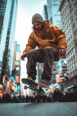 A skater in a hoodie and beanie executes an impressive leap on his skateboard in a busy city street filled with pedestrians. Tall buildings stand out against the evening sky, creating an energetic atmosphere.の素材