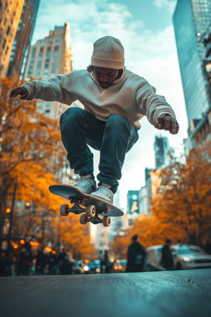 A skater in a hoodie and beanie executes an impressive leap on his skateboard in a busy city street filled with pedestrians. Tall buildings stand out against the evening sky, creating an energetic atmosphere.の素材