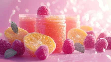Three jars filled with fruity pink drinks are surrounded by fresh raspberries and orange slices. The colorful arrangement captures the essence of a sunny afternoon, inviting a refreshing taste experience.の素材
