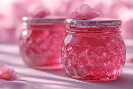 Two charming jars filled with bright pink jelly sit elegantly on a surface, decorated with small flowers, creating a tranquil and pleasing environment.の素材