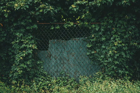 A rusted metal fence, partially hidden by lush green vines and foliage, stands abandoned in a quiet area. Over time, nature has taken over, creating a picturesque yet eerie atmosphere in broad daylight.の素材