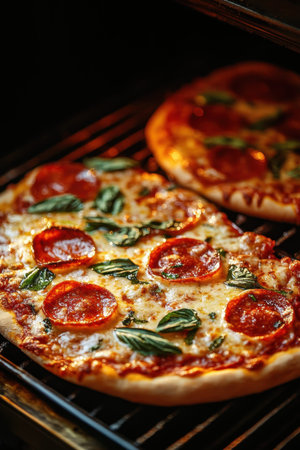 Two mouthwatering pizzas are baking in a wood-fired oven, showcasing vibrant pepperoni slices and fresh green basil over a bubbling layer of melted cheese. The warm, inviting atmosphere of the pizzeria enhances the culinary experience.の素材