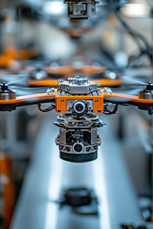 A detailed view captures multiple drones lined up in a modern manufacturing facility. Bright orange and silver components highlight the advanced technology involved in assembling the drones, showcasing precision engineering.の素材