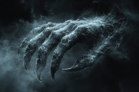 A large, menacing claw appears to rise from a dark, swirling mist, creating an eerie atmosphere. The sharp nails glisten slightly, emphasizing the supernatural presence within the shadows and fog.の素材