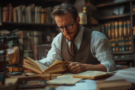 A scholarly individual with glasses studies a collection of aged books, surrounded by overflowing shelves in a vintage library, evoking a sense of history and knowledge.の素材