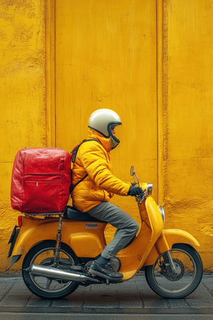 A delivery courier wearing a helmet and bright orange jacket rides a yellow scooter. A red delivery bag is attached to the scooter as the background features a bold yellow wall.の素材