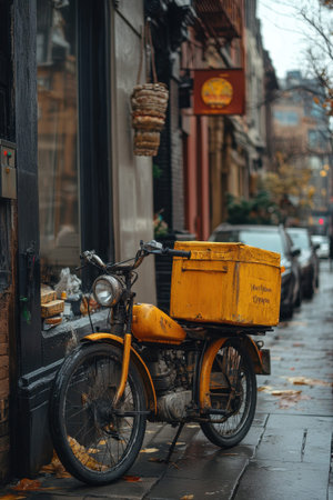 A yellow delivery motorcycle stands in front of a charming shop, droplets of rain adorning its surface.の素材