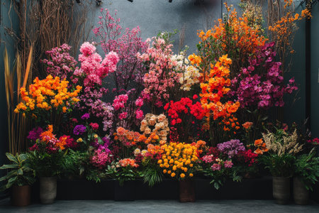 A lush assortment of colorful flowers fills the space, showcasing vibrant hues of orange, pink, and purple against a sleek, dark backdrop. The arrangement creates a striking visual impact.の素材