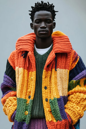 A fashion model stands confidently in a striking multi-colored knitted sweater and coat. The outfit features bold stripes in orange, green, and purple. The outdoor backdrop complements the vibrant ensemble, highlighting modern street style.の素材