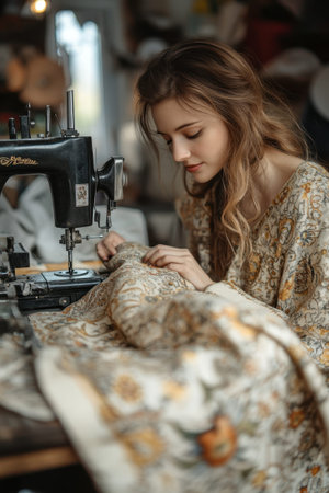 Inside a charming workshop, a young woman concentrates on sewing a vibrant fabric using a classic sewing machine. Sunlight filters through the window, enhancing the warm atmosphere filled with creativity and craftsmanship.の素材