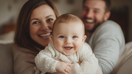 A family is enjoying quality time together on a cozy couch. The mother and father are smiling brightly, while their baby, wrapped in a soft sweater, beams with joy. The warm atmosphere highlights their love and happiness.の素材