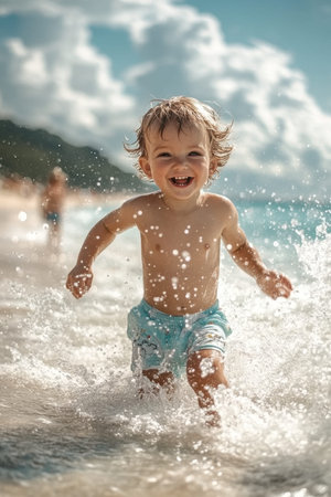 A cheerful toddler with curly hair splashes through the shallow waves at the beach, laughing with pure delight. The sun shines brightly in the background, highlighting the joy of summer and childhood innocence.の素材