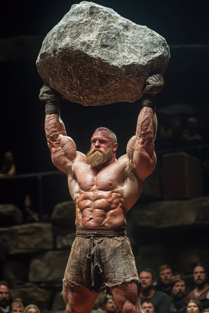 A muscular competitor confidently lifts a large stone overhead during a strongman competition at an outdoor festival. The event takes place at dusk, surrounded by an engaged audience excitedly cheering for their favorite athletes.の素材