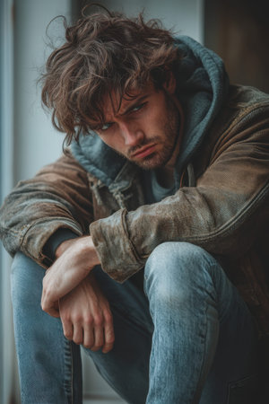 A young man sits on the ground, leaning against a wall. He has messy hair and intense facial expression, wearing a distressed leather jacket over a hoodie and faded jeans. The urban backdrop adds a gritty charm.の素材