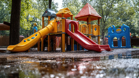 A vibrant playground is filled with colorful slides and play structures, set amongst lush greenery and trees. Children can be seen playing joyfully while enjoying the sunny weather in this lively park location.の素材