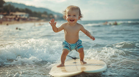 A cheerful toddler stands confidently on a small surfboard, smiling widely while riding gentle ocean waves. The warm sun illuminates the beach, filled with families and surfers enjoying a vibrant summer day by the water.の素材