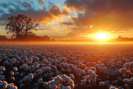 A vast cotton field stretches towards the horizon, illuminated by the warm glow of sunrise. Wispy clouds reflect hues of orange and blue as the sun rises, casting a magical light over the fluffy cotton blooms.の素材