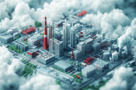 A sprawling industrial complex is nestled among billowing clouds, featuring tall smokestacks, storage tanks, and various modern facilities. This scene captures the essence of manufacturing and energy production.の素材