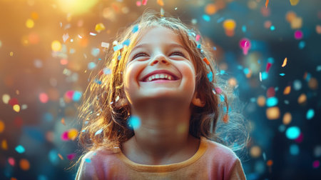 A young girl with curly hair beams with joy as she stands under a shower of colorful confetti during a lively celebration. The enchanting bokeh background enhances her infectious smile, highlighting the spirit of happiness and festivity.の素材