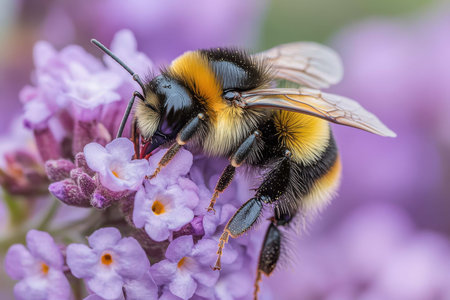 A bumblebee is intently gathering nectar from a soft pink cherry blossom in a tranquil garden setting during early spring.の素材
