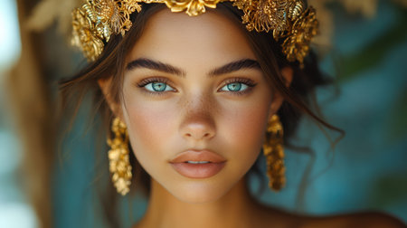 Beautiful young woman with striking blue eyes and golden accessories poses elegantly against a colorful backdrop while showcasing a radiant and glamorous lookの素材