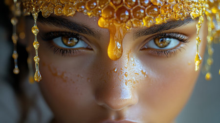 Portrait of a woman with honey dripping from her forehead and adorned with a shiny golden honey crown, showcasing intense gaze and natural beautyの素材