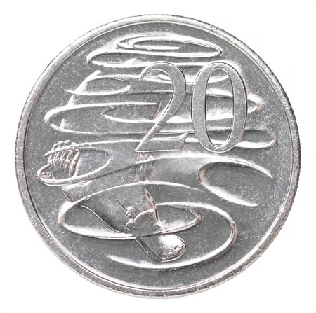 Coin of 20 Australian cents with the image of a platypus on a white background