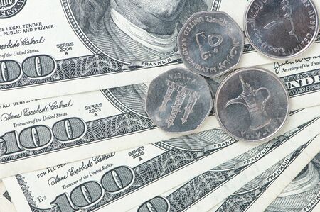 100 dollar bills and coins of United Arab Emiratesの写真素材