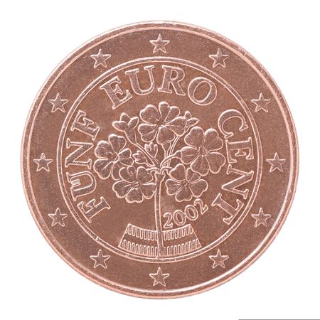 Euro cent coin shows alpine primroses on a white background