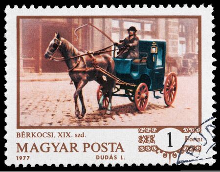 HUNGARY - CIRCA 1970: A stamp printed in HUNGARY shows a horse-drawn Berkoksi, circa 1977のeditorial素材
