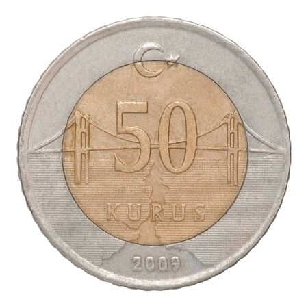 50 Turkish kurus coin closeup isolated on white background