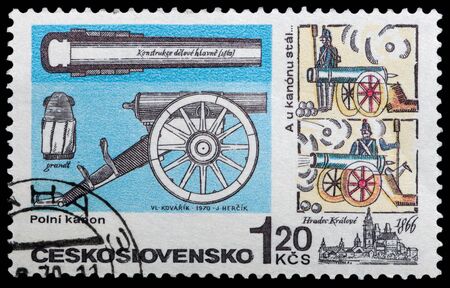 CZECHOSLOVAKIA - CIRCA 1970: stamp printed by Czechoslovakia, shows field gun manufactured in 1866, circa 1970.のeditorial素材