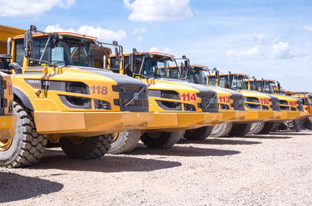 Almaty, Kazakhstan - May 20, 2019: Volvo A45GF articulated yellow dump truck in the mine.