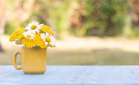 Chamomile flowers in a yellow glass on a table in the garden. Free space for text on the right. Summer season.の写真素材