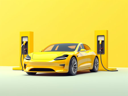 yellow electric car isolated on a yellow background and connected to a charging station. Front view. Generative AI.の素材
